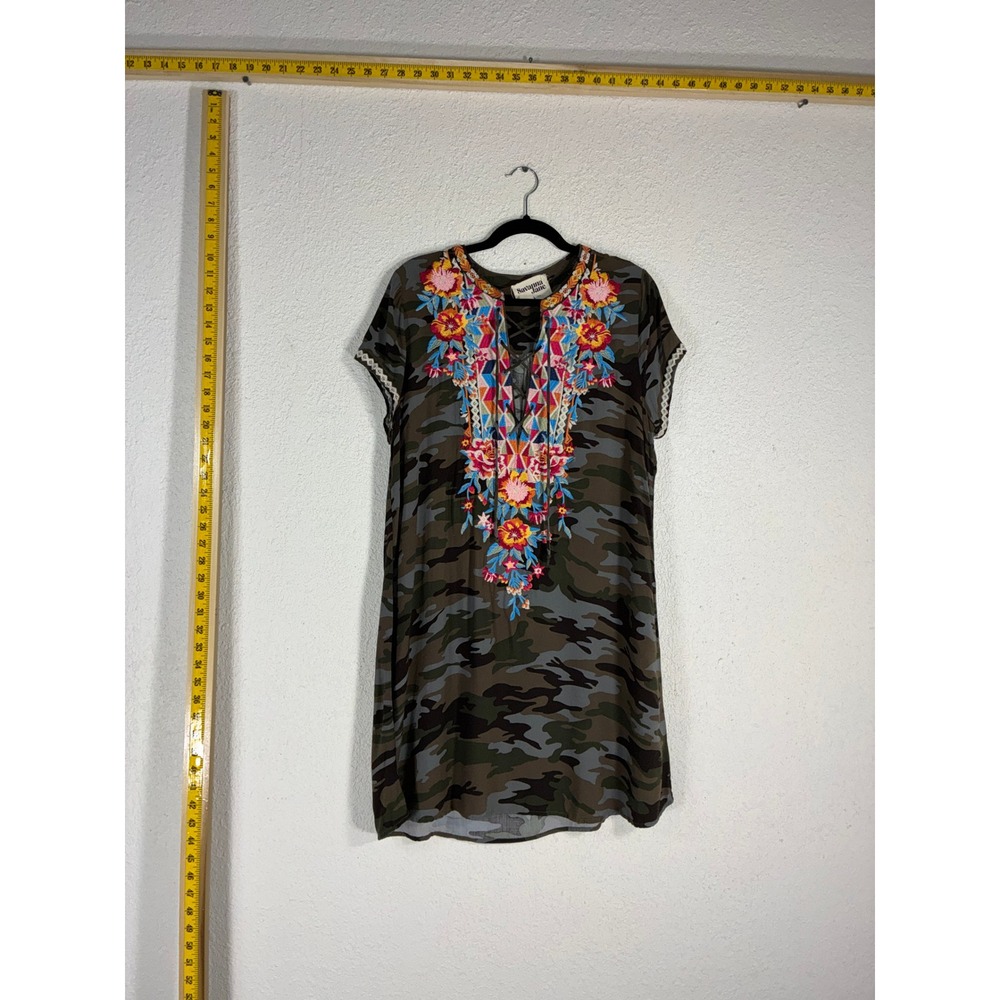 Savanna Jane Camo Embroidered Lace Up Tunic Dress Large Green Floral Boho K93829